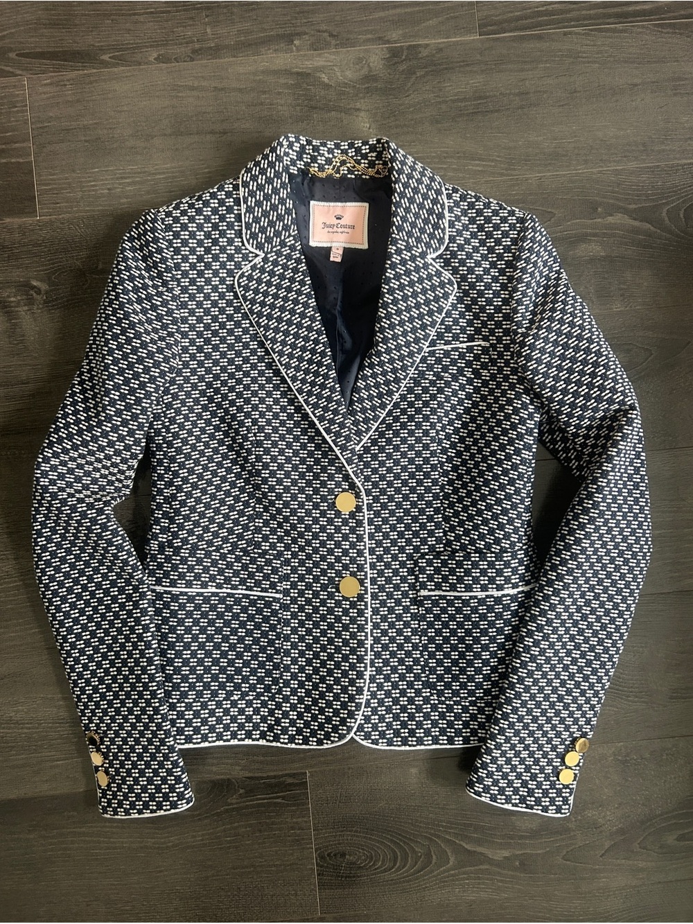 NWOT Juicy Couture Women’s Tweed Blazer Navy White Gold Vintage Size 0/XS